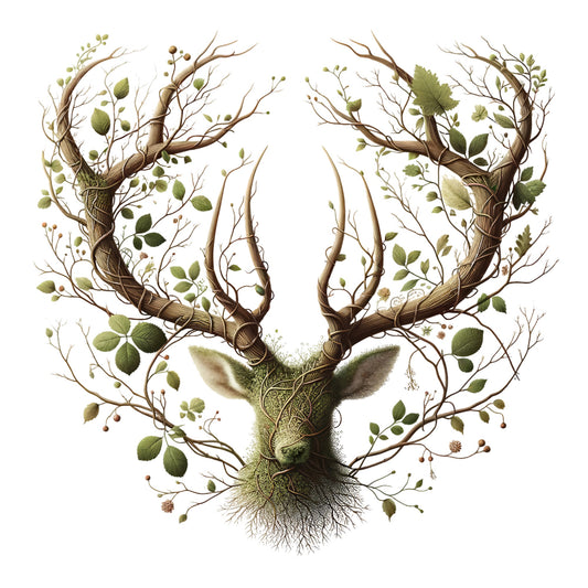 Artistic depiction of a deer head with intertwined branches and leaves on a white background