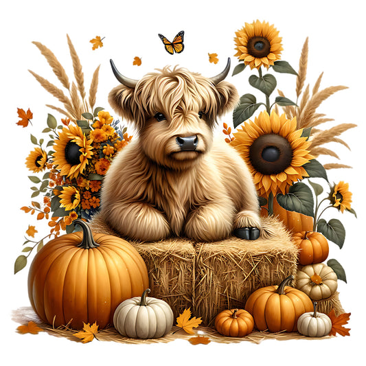 Cute highland cow sitting on hay with pumpkins, sunflowers, and a butterfly in a fall-themed setting.