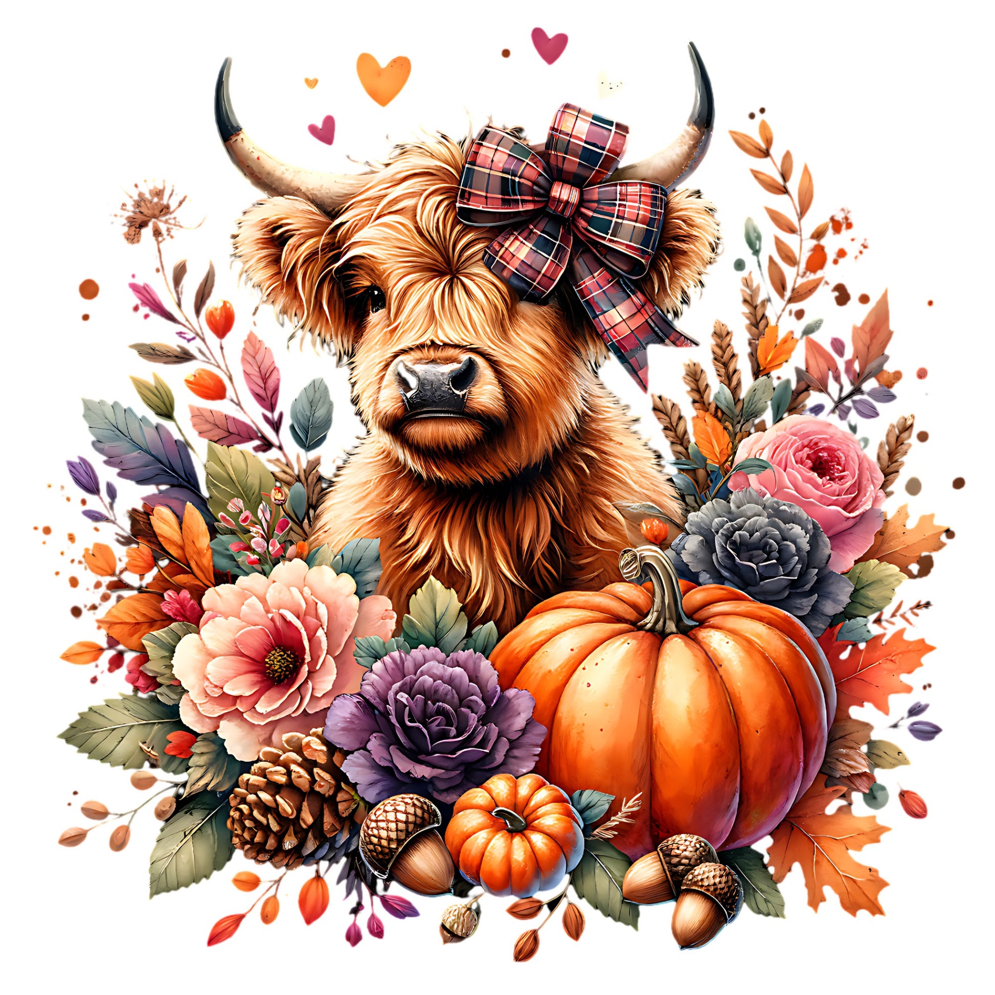 Cute highland cow with a plaid bow surrounded by autumnal elements like pumpkins, flowers, and leaves.