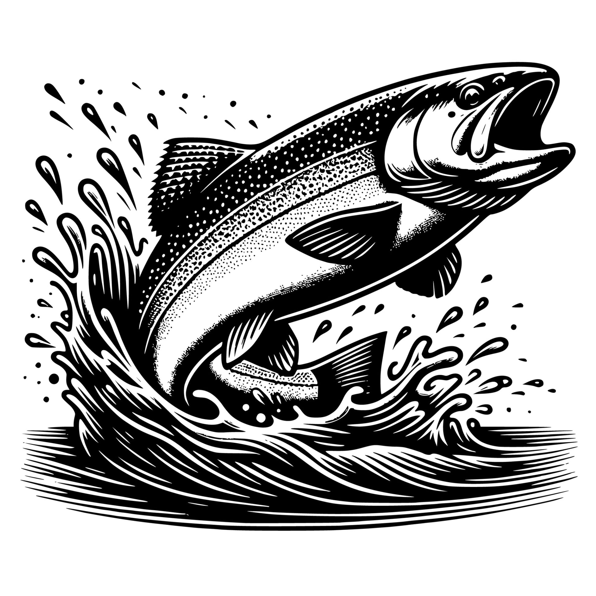 Black and white illustration of a leaping rainbow trout fish with water splashes on a white background