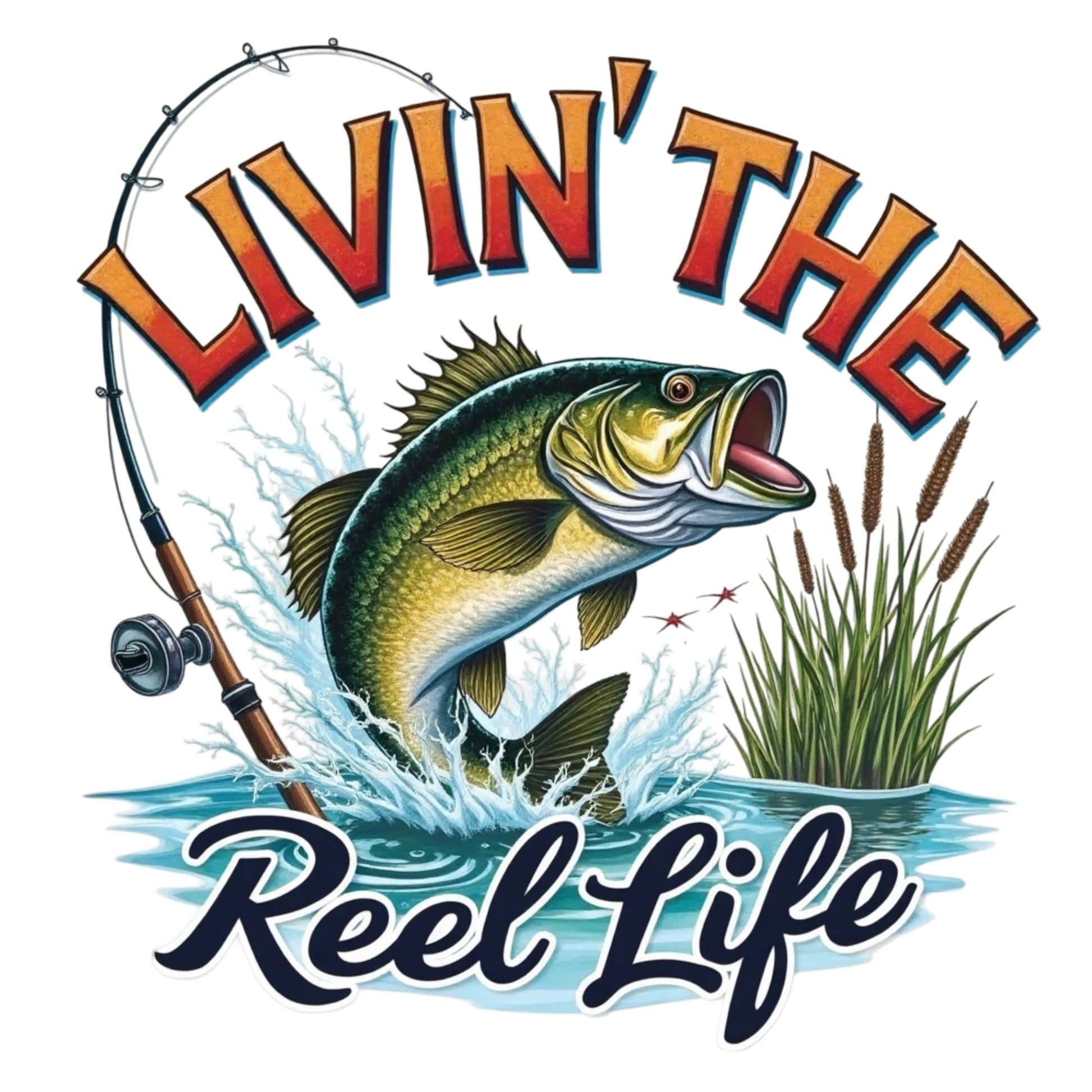 Fishing-themed graphic with a fish, fishing rod, and grass, featuring the text 'Livin' The Reel Life'.