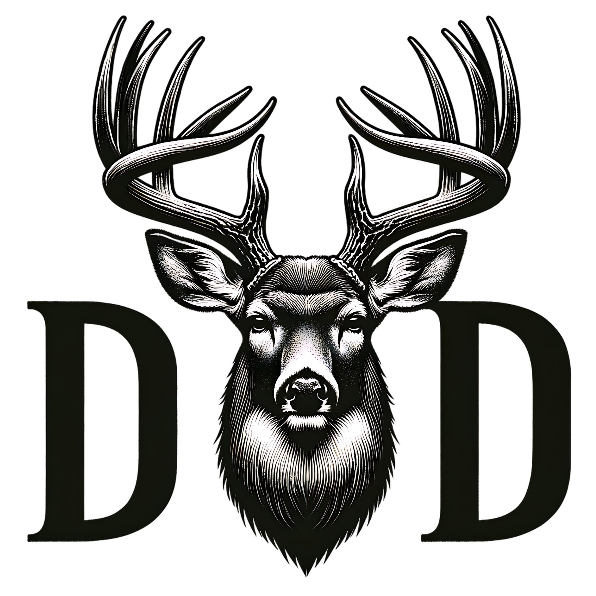 Black and white illustration of a deer head with large antlers between two 'D' letters on a white background.