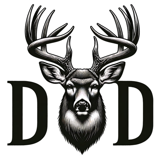 Black and white illustration of a deer head with large antlers between two 'D' letters on a white background.
