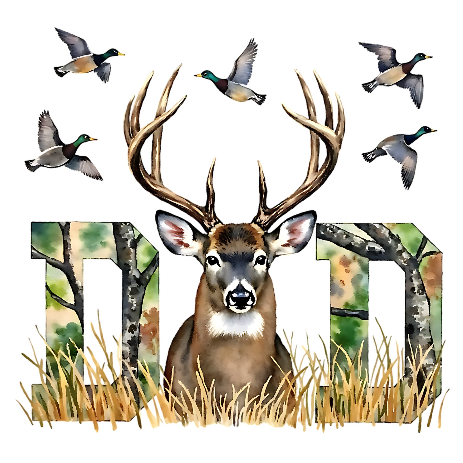 Watercolor deer with antlers surrounded by trees and birds, with the letters 'DAD' in the background.