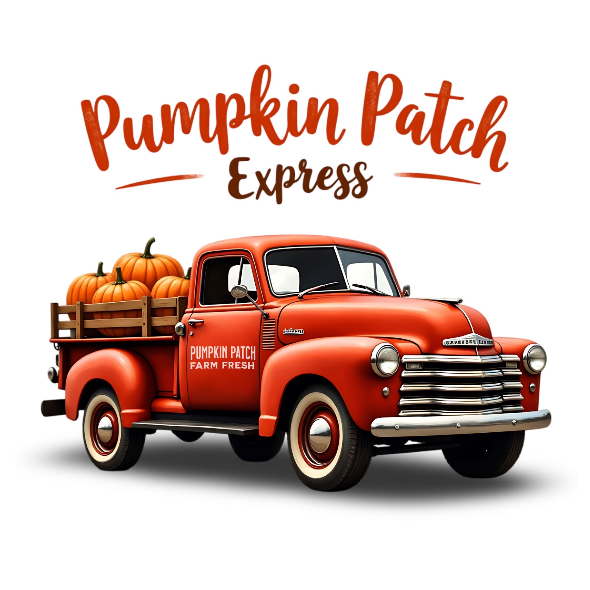 Rustic vintage reddish colored truck with pumpkins and "Pumpkin Patch Express" text