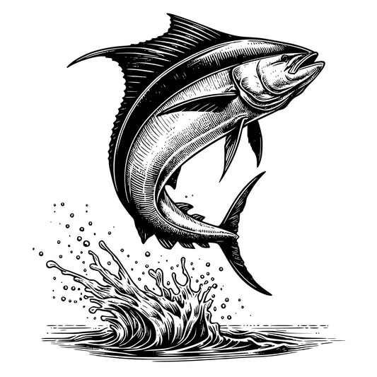 Black and white illustration of a mahi-mahi fish leaping out of water