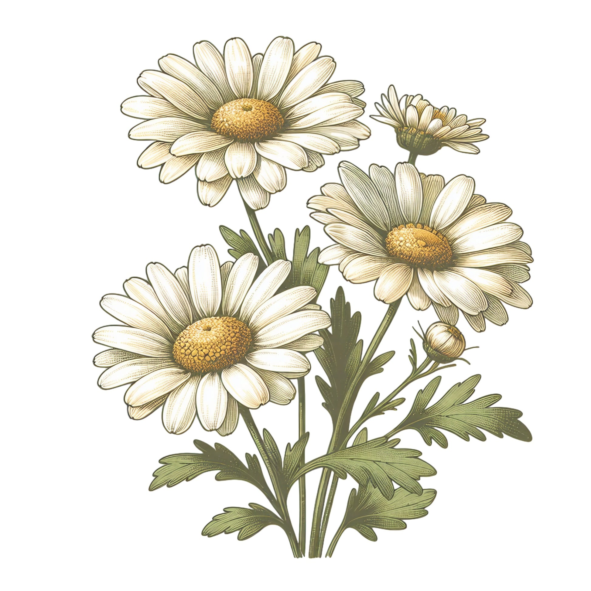Illustration of four white daisies with green leaves on a white background