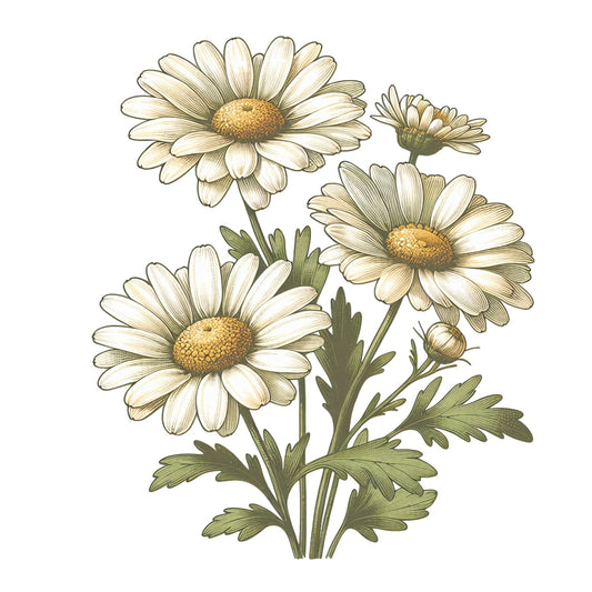 Illustration of four white daisies with green leaves on a white background