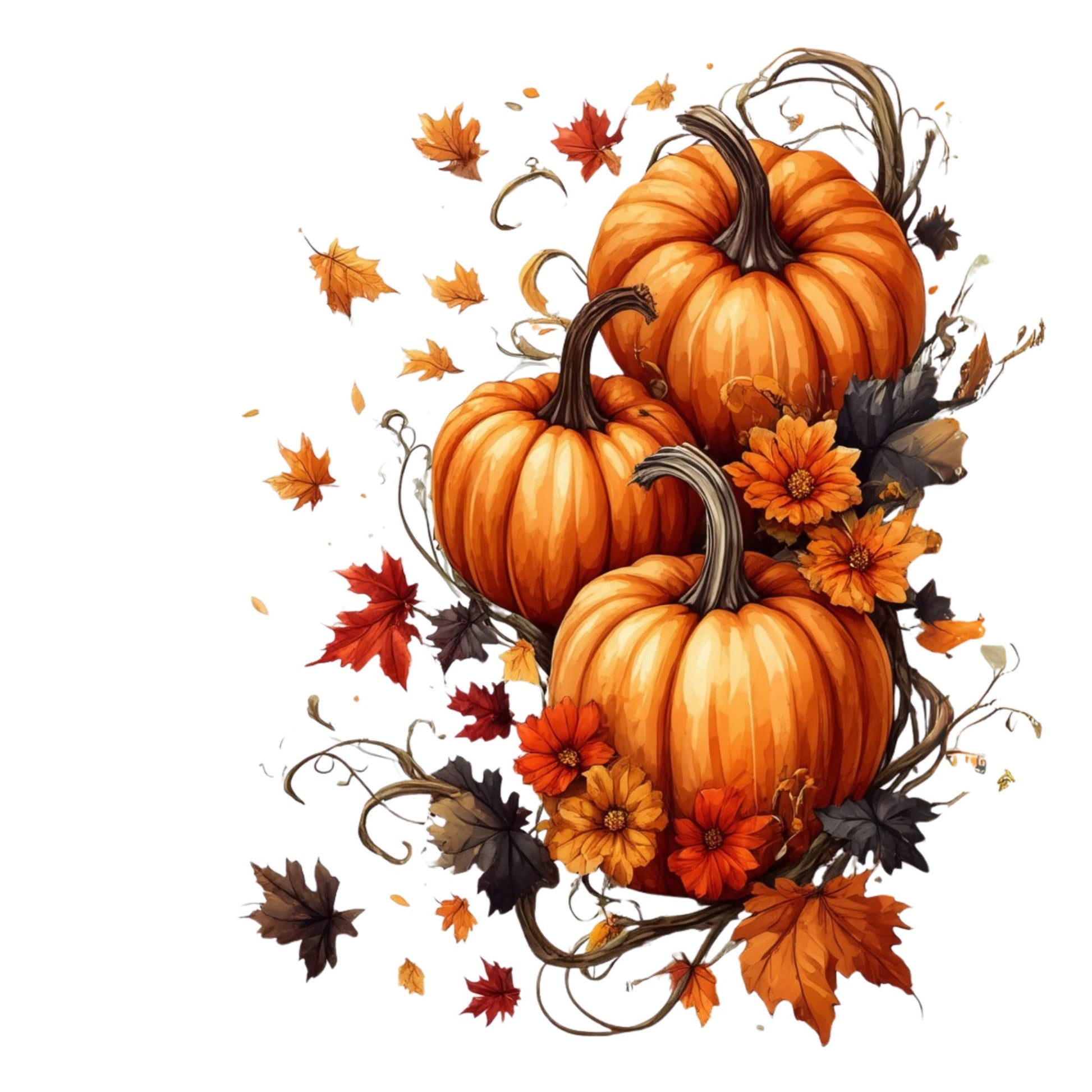 Three pumpkins with autumn leaves and flowers on a white background