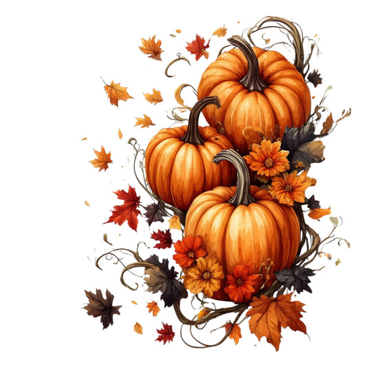 Three pumpkins with autumn leaves and flowers on a white background
