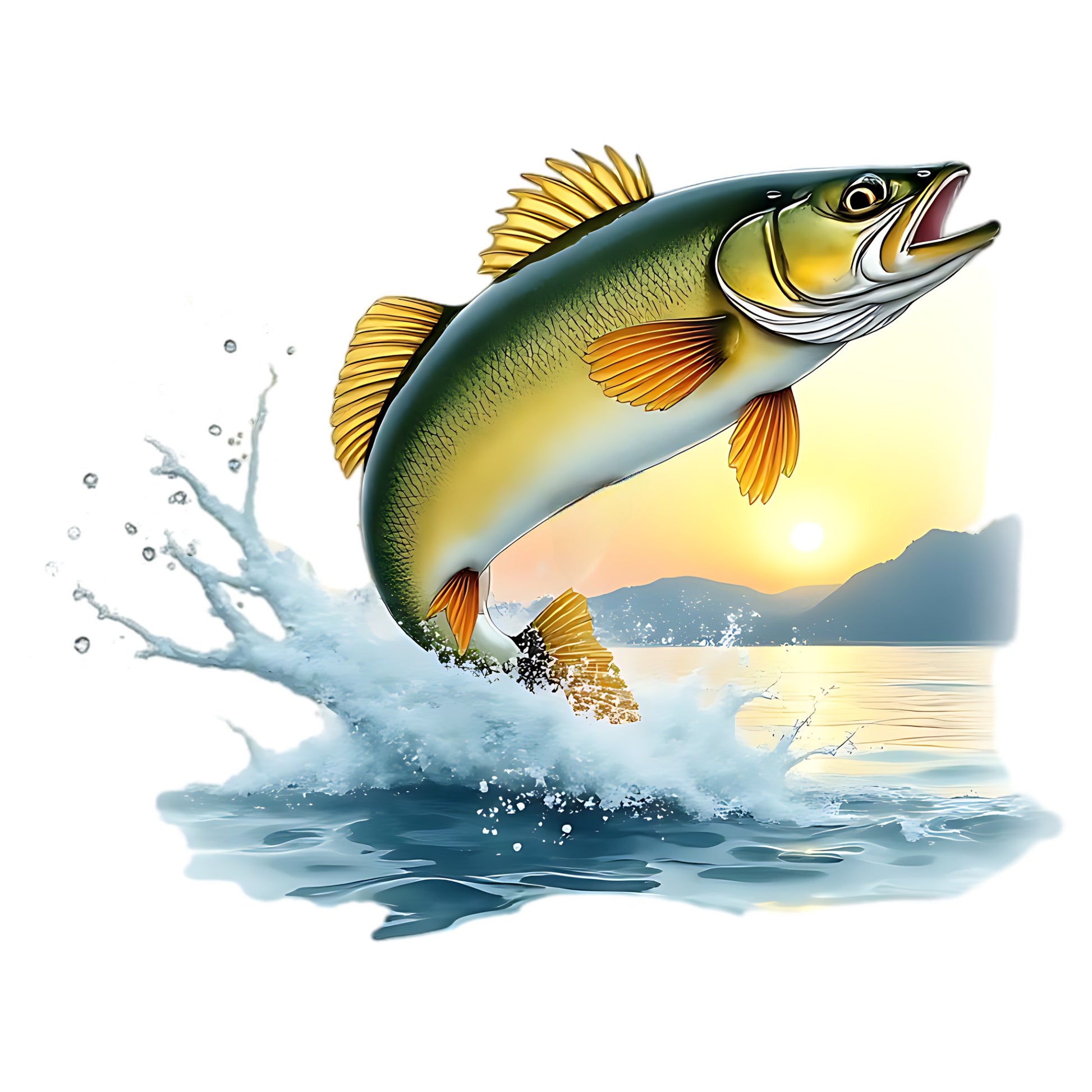 Walleye Fish leaping out of water with a sunset and mountains in the background