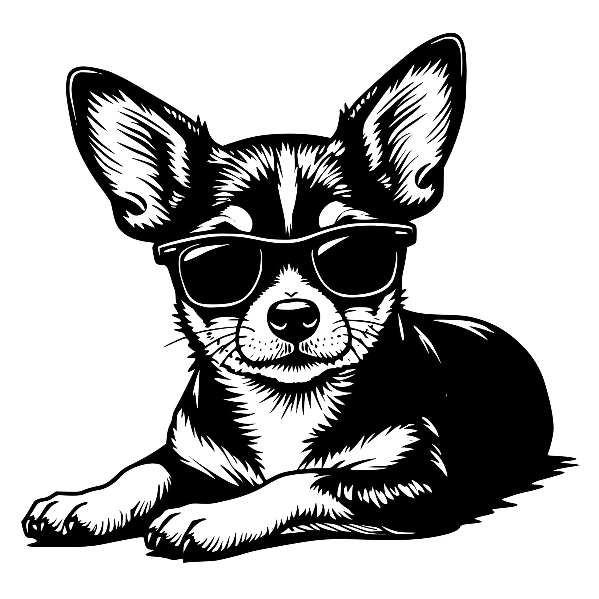 Black and white illustration of a chihuahua wearing sunglasses on a white background