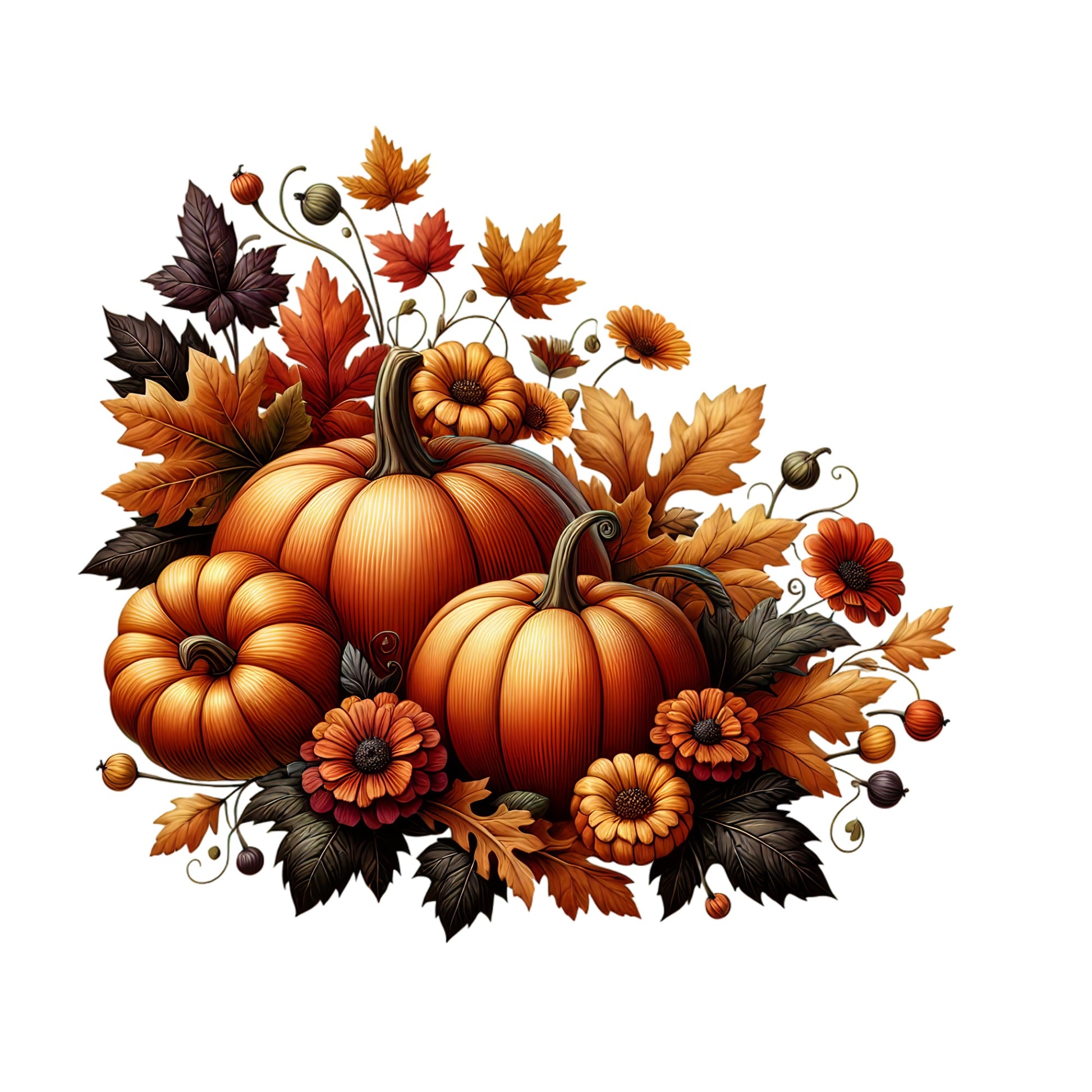 Decorative arrangement of pumpkins and autumn leaves on a white background
