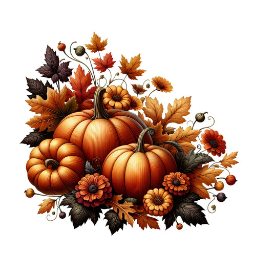 Decorative arrangement of pumpkins and autumn leaves on a white background