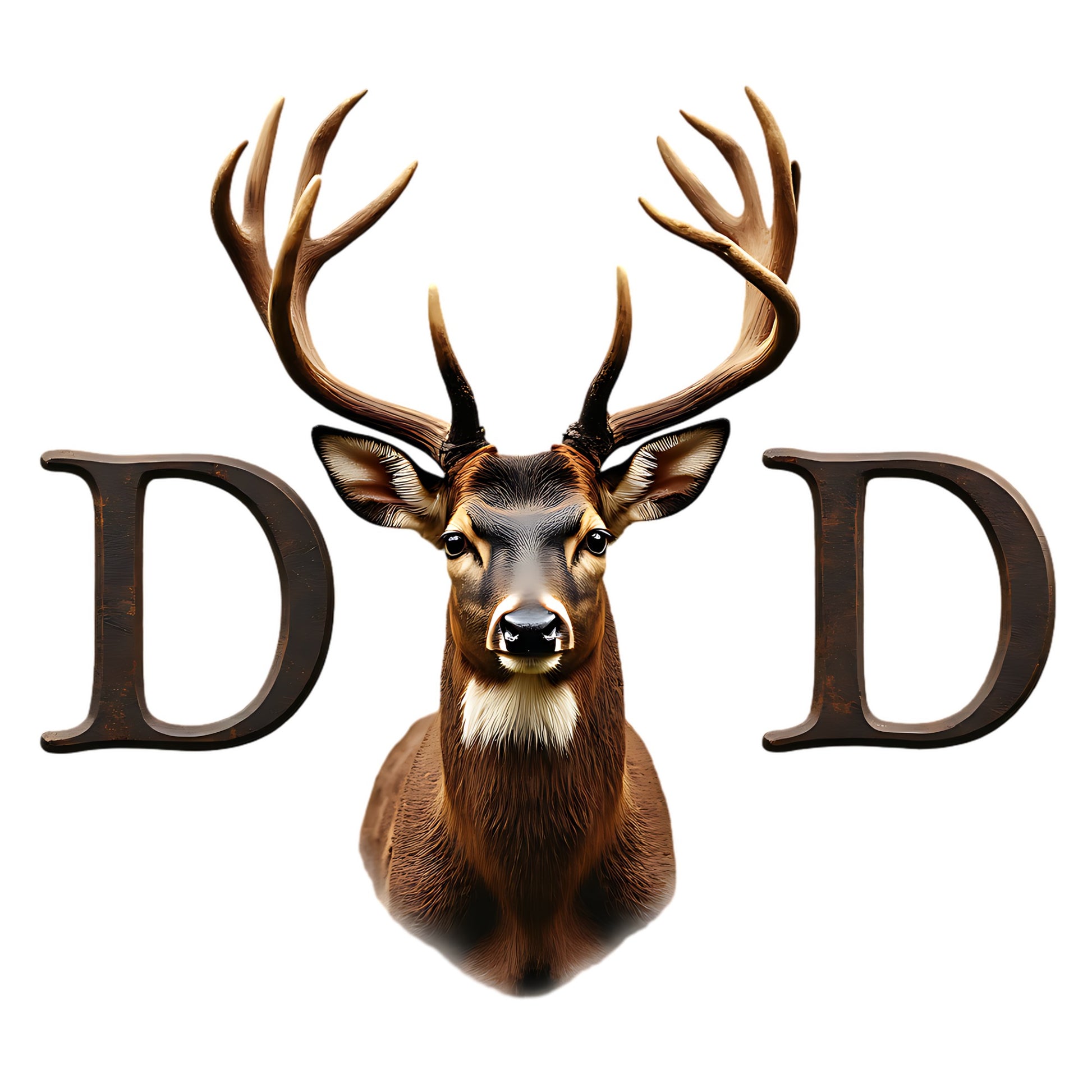Deer head mount between two letters 'D' on a white background