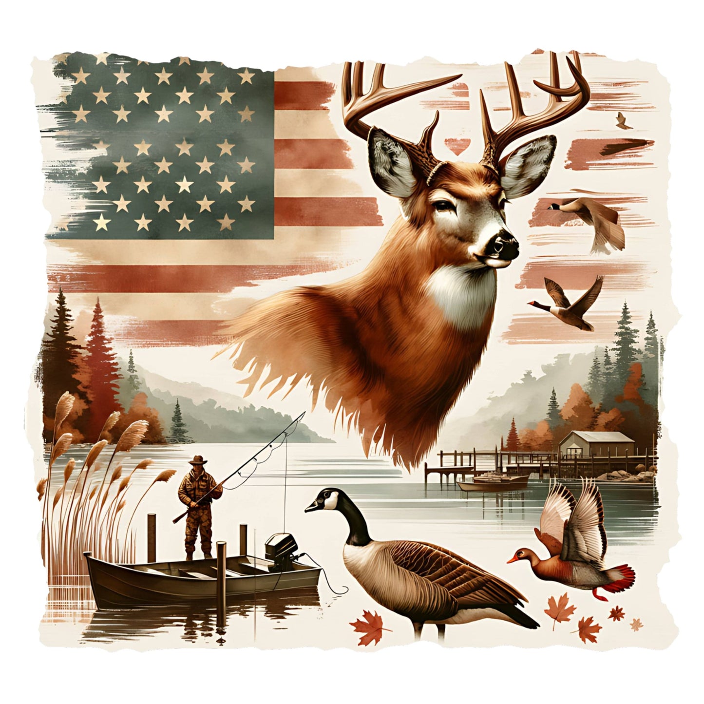 Illustration of a deer with an American flag, hunter, boats, and birds in a nature setting.