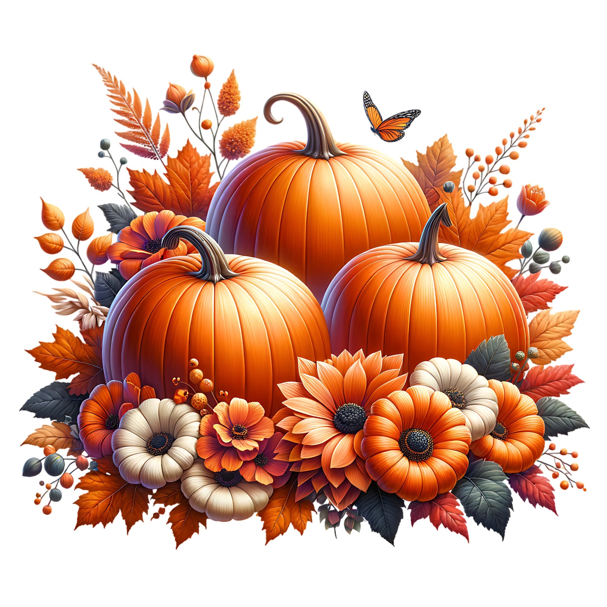 Autumn-themed arrangement with pumpkins, flowers, and leaves on a white background