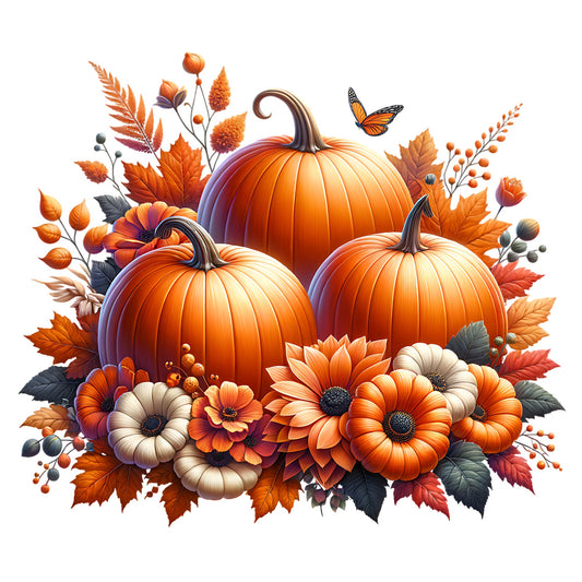 Autumn-themed arrangement with pumpkins, flowers, and leaves on a white background