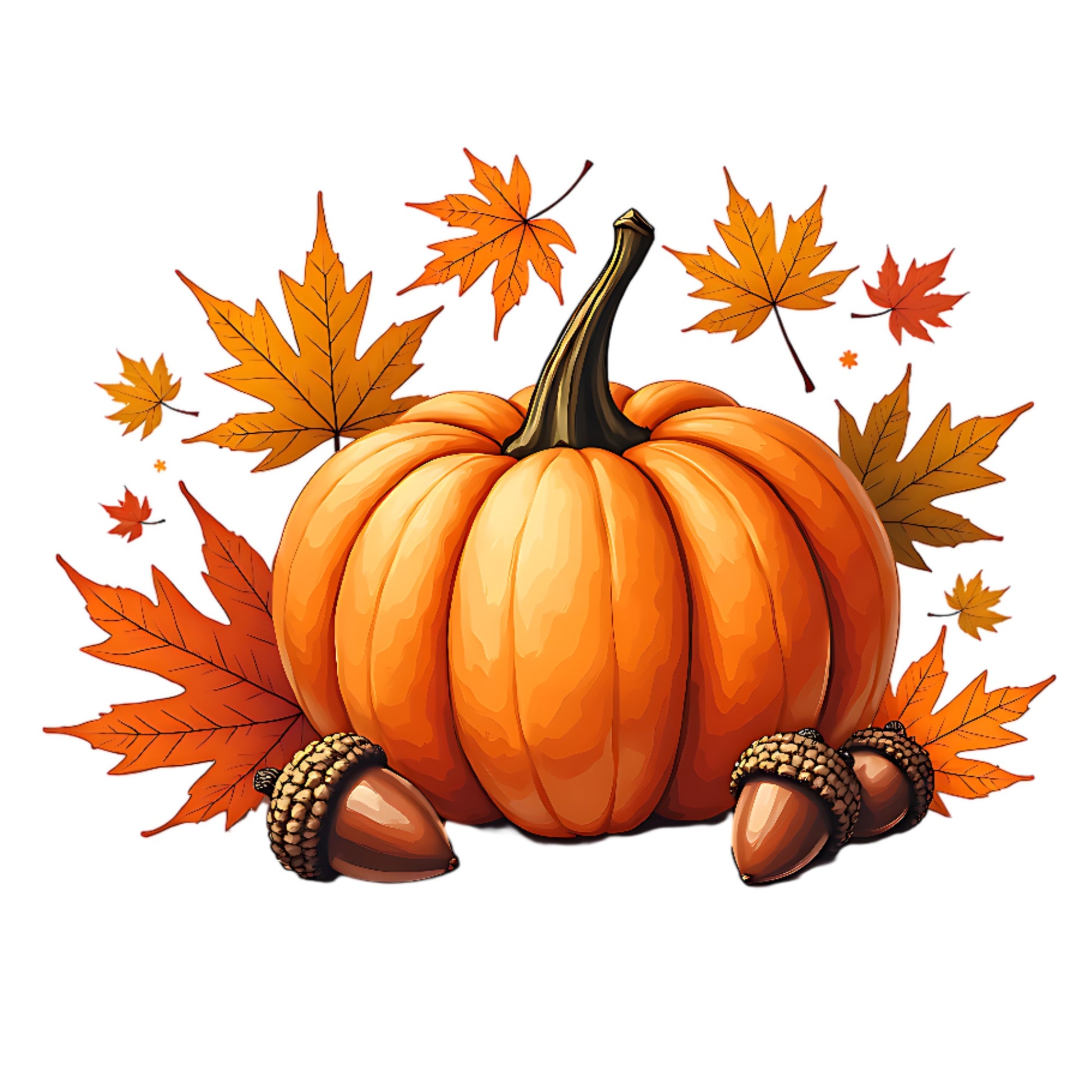 Orange pumpkin with autumn leaves and acorns on a white background