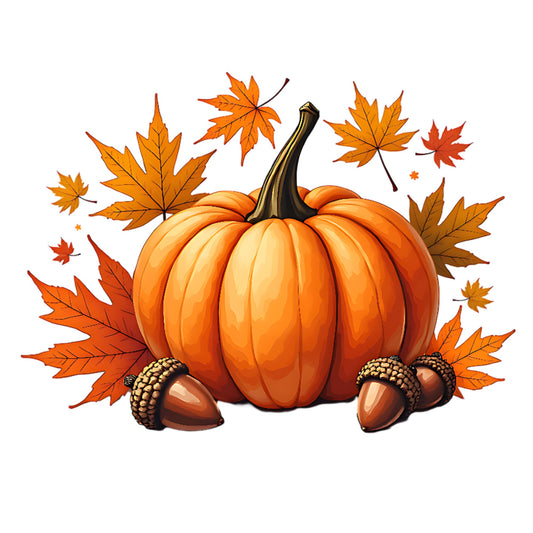 Orange pumpkin with autumn leaves and acorns on a white background