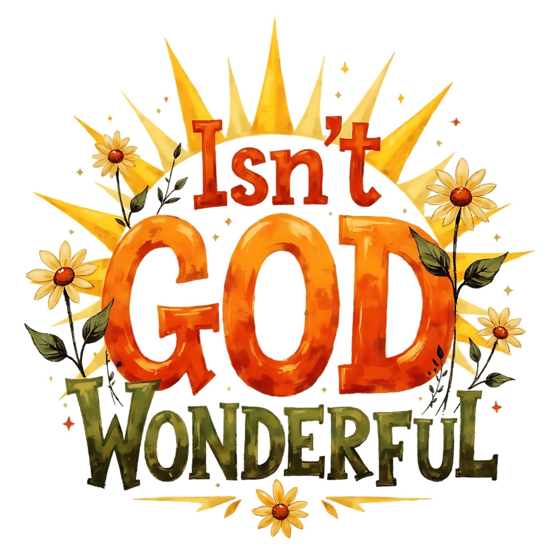 Decorative text 'Isn't God Wonderful' with flowers on a white background
