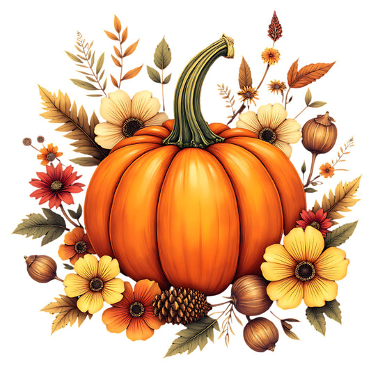 Decorative image of a pumpkin surrounded by autumn leaves and flowers on a white background