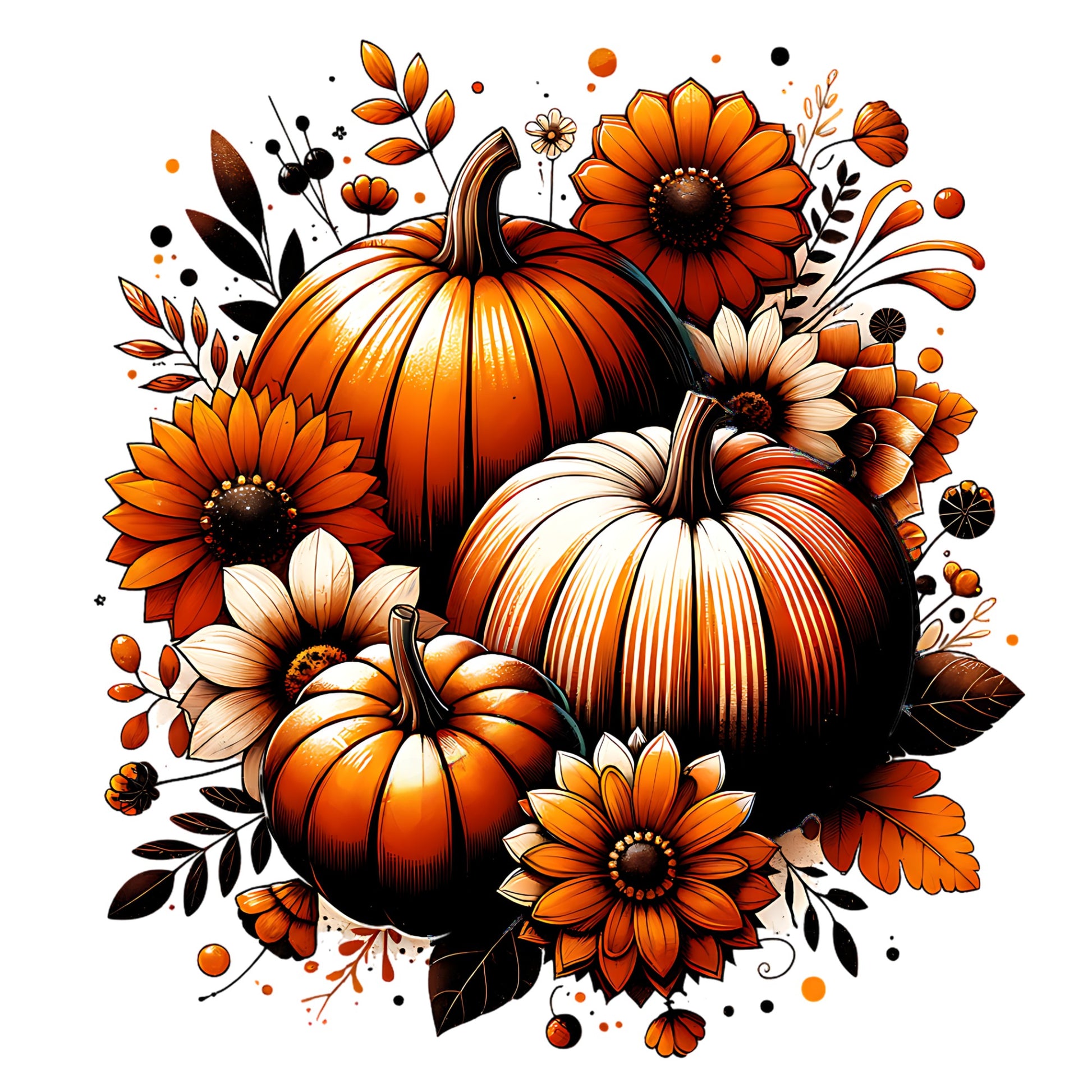 Decorative arrangement of pumpkins and flowers with autumnal colors on a white background