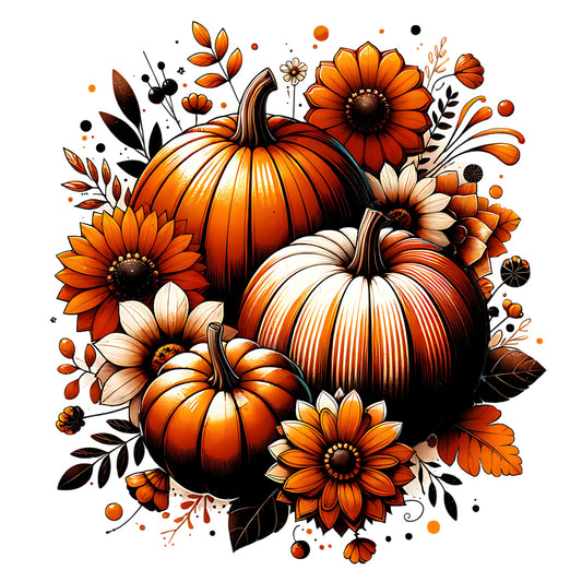 Decorative arrangement of pumpkins and flowers with autumnal colors on a white background