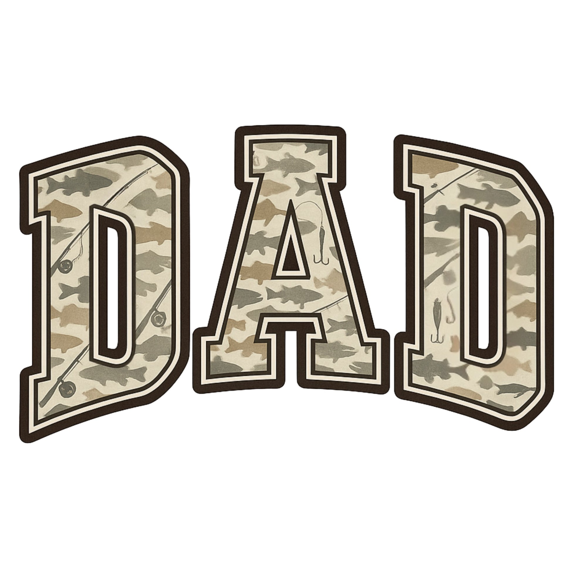 Camouflage-patterned 'DAD' text on a white background