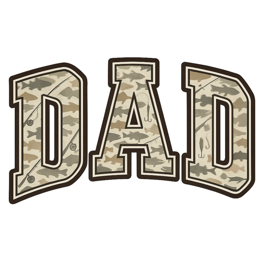 Camouflage-patterned 'DAD' text on a white background
