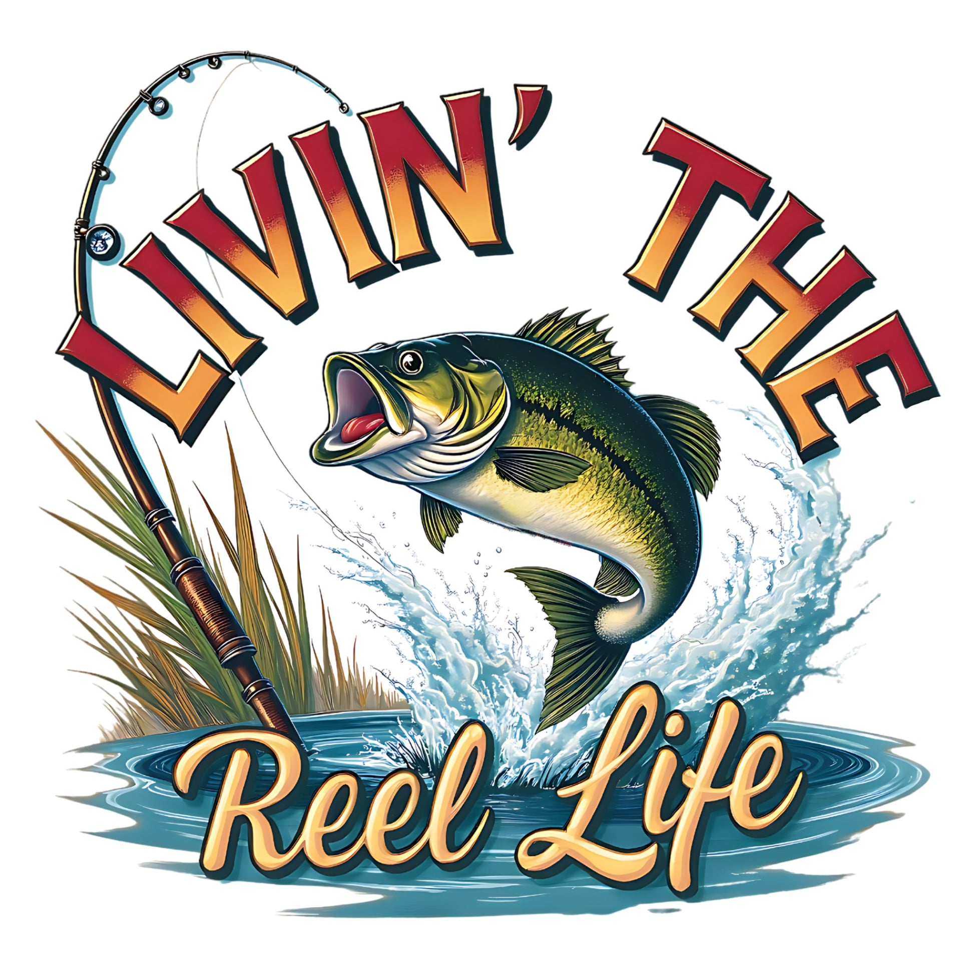 Fishing-themed graphic with a fish, fishing rod, and grass, featuring the text 'Livin' The Reel Life'.