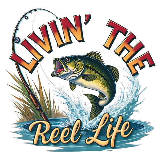 Fishing-themed graphic with a fish, fishing rod, and grass, featuring the text 'Livin' The Reel Life'.