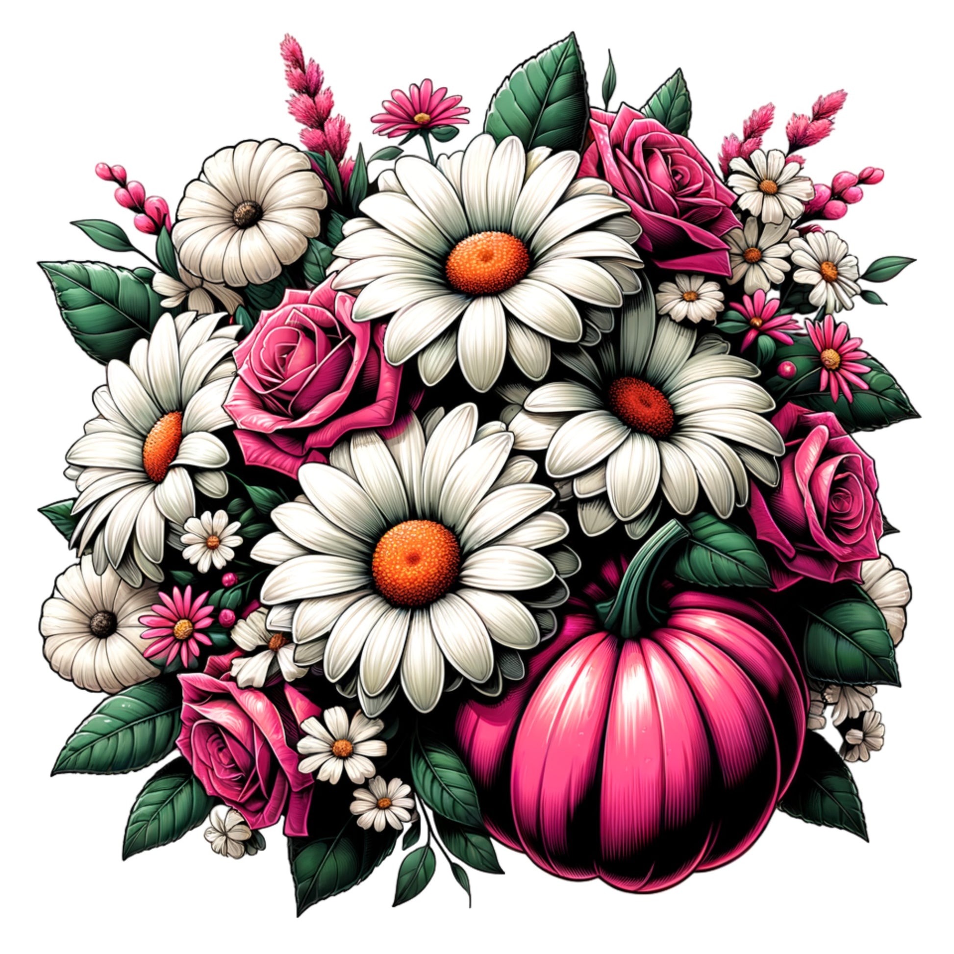 Colorful floral arrangement with pumpkins on a white background