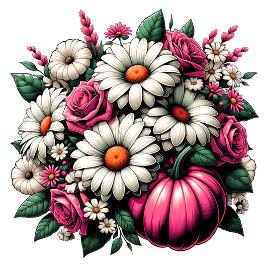 Colorful floral arrangement with pumpkins on a white background