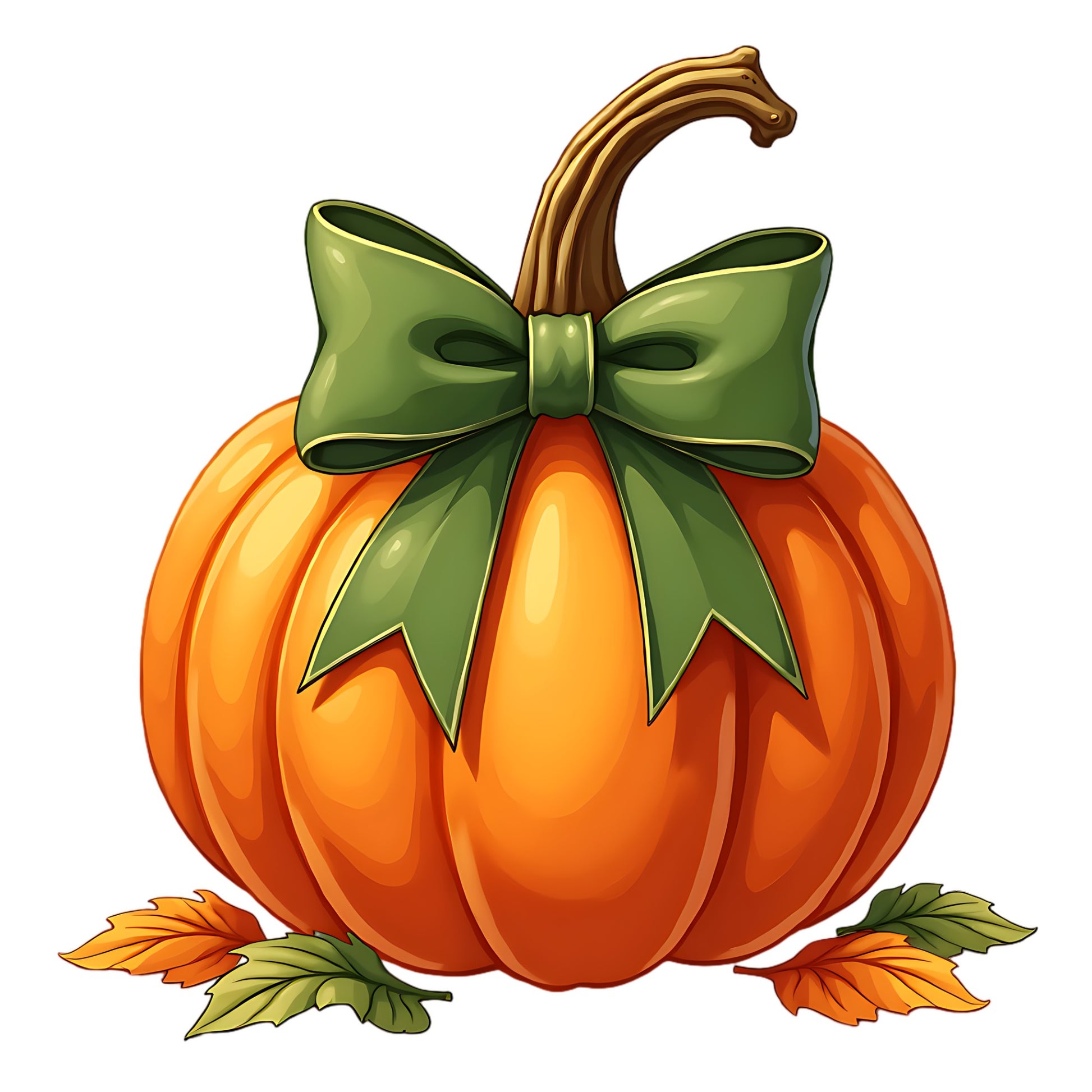 Pumpkin with a green bow on a white background