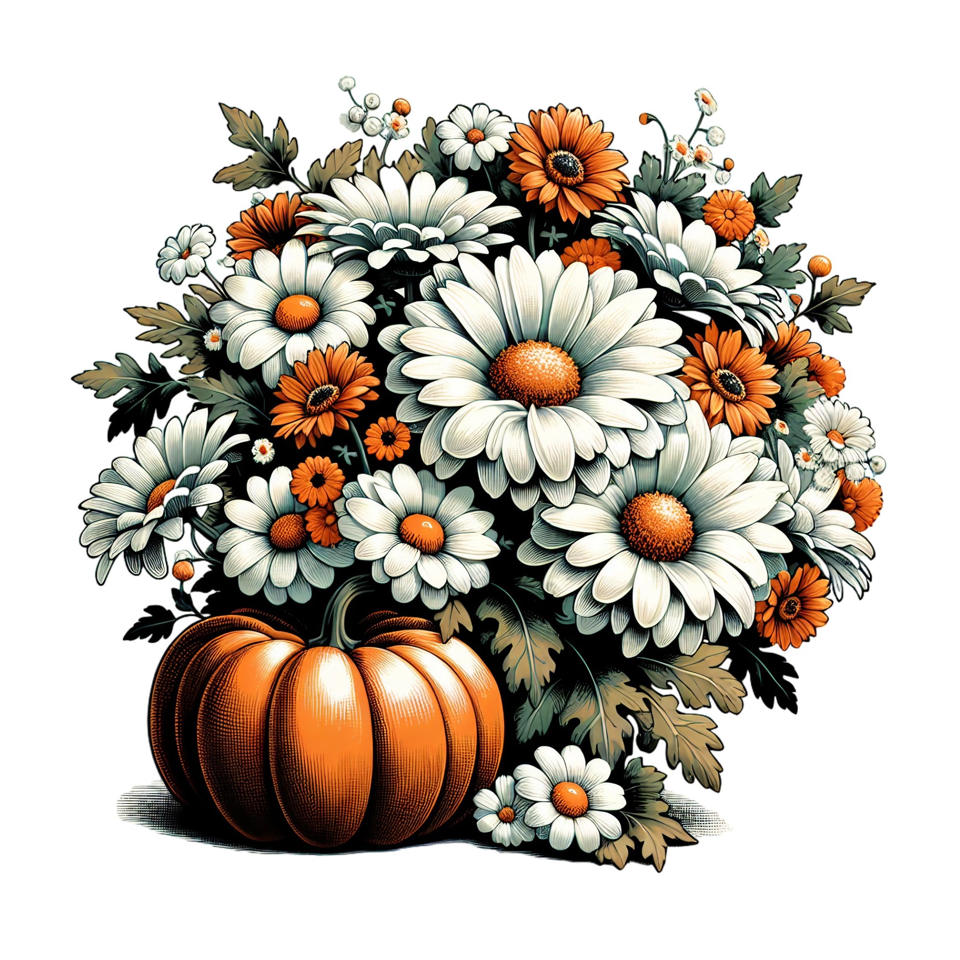 Pumpkin with a bouquet of white and orange flowers on a white background