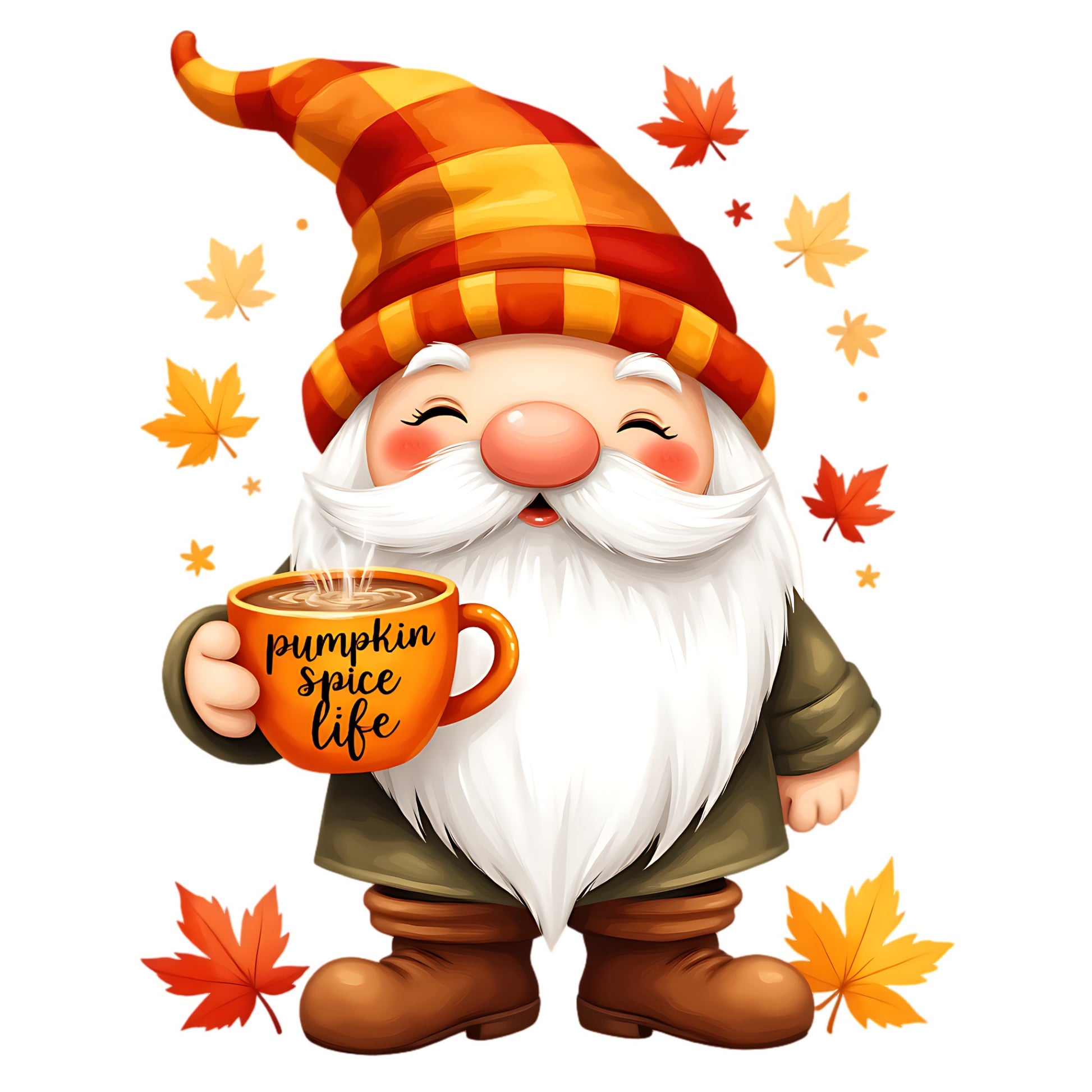 Cartoon gnome holding a 'pumpkin spice life' mug with autumn leaves around