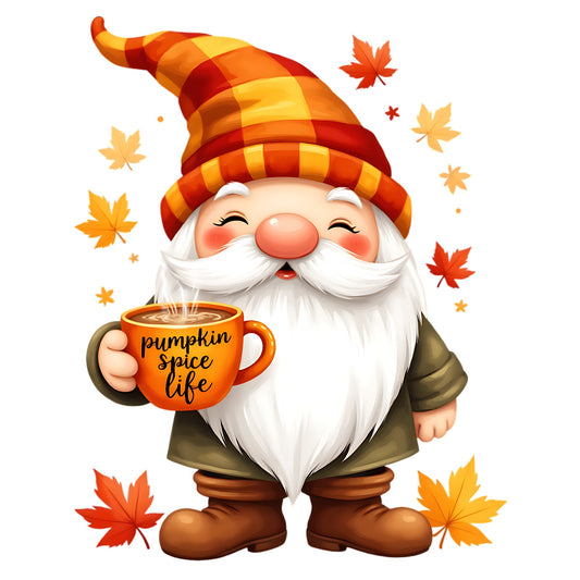Cartoon gnome holding a 'pumpkin spice life' mug with autumn leaves around
