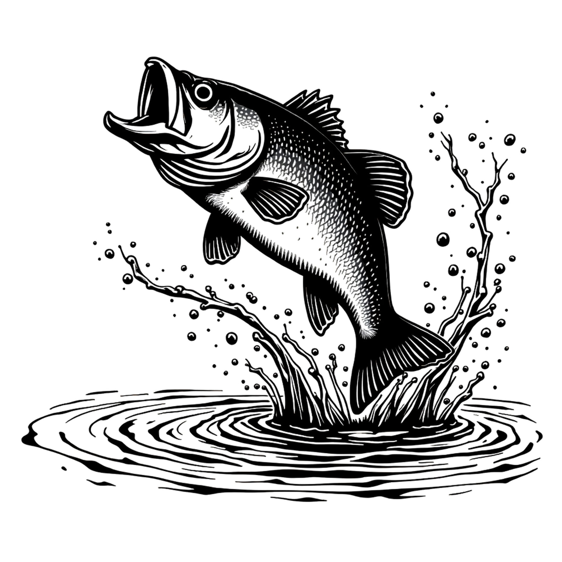 Black and white illustration of a largemouth bass fish leaping out of water with splashes.