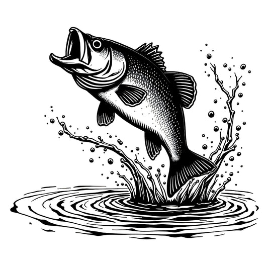 Black and white illustration of a largemouth bass fish leaping out of water with splashes.