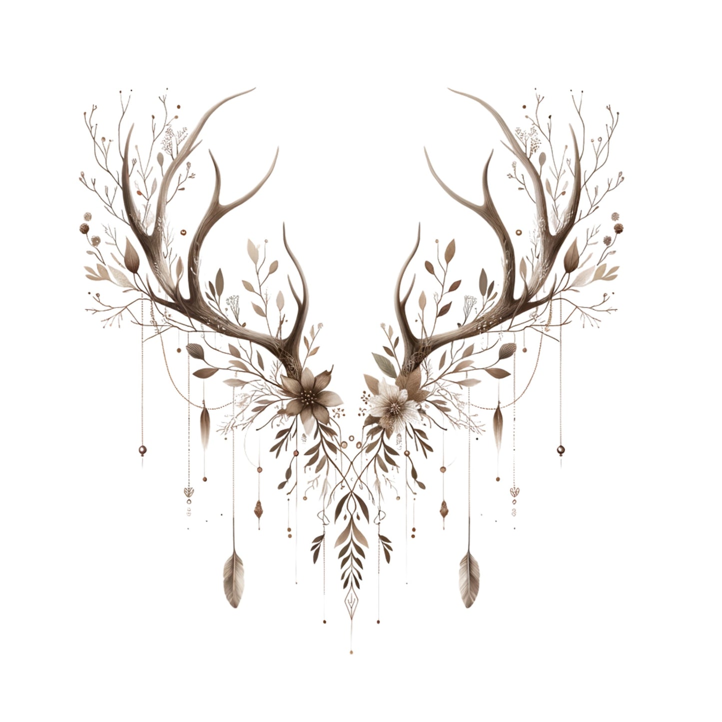 Decorative antlers with floral elements and feathers on a white background
