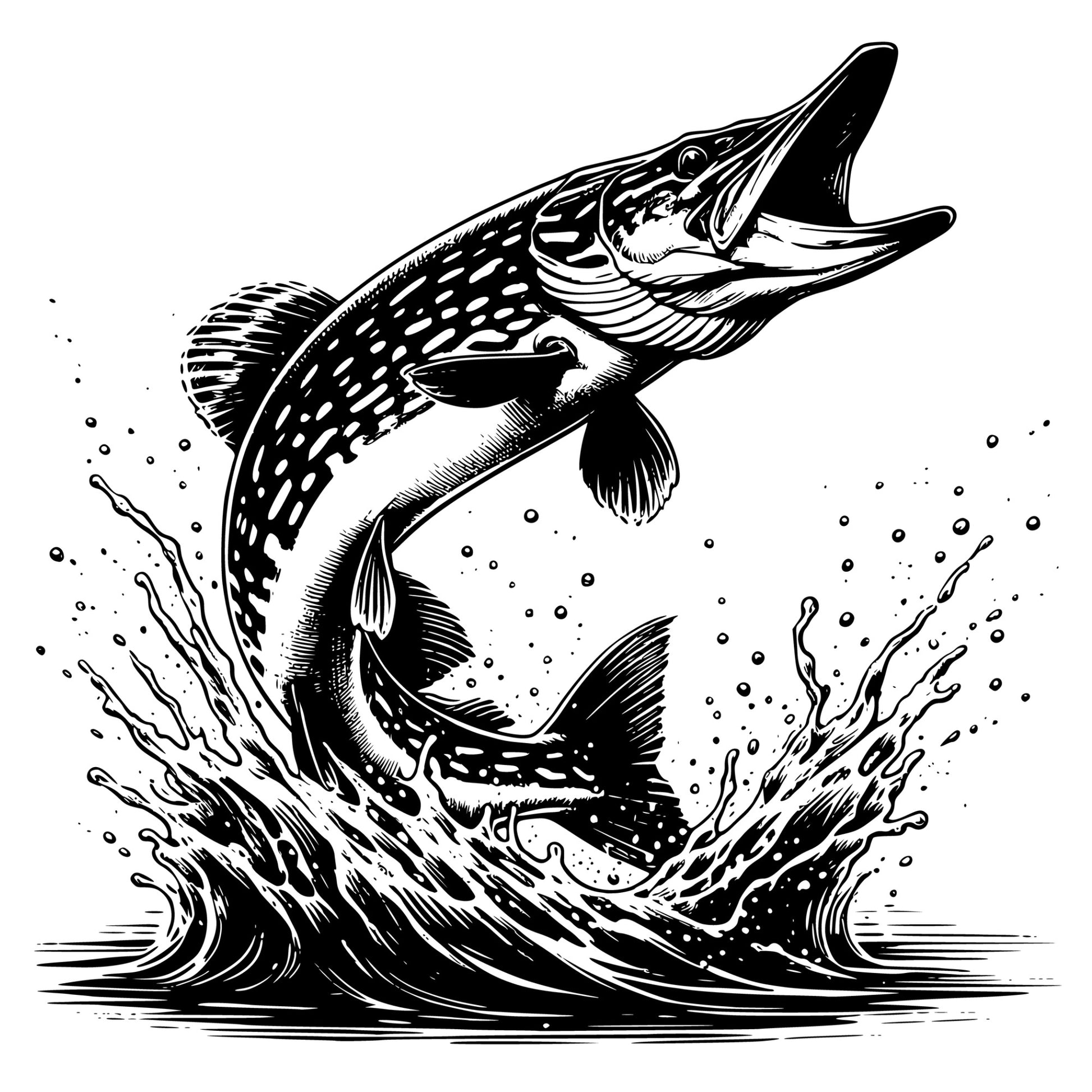 Black and white illustration of a northern pike fish leaping out of water