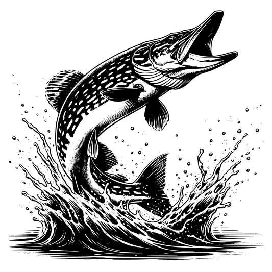 Black and white illustration of a northern pike fish leaping out of water