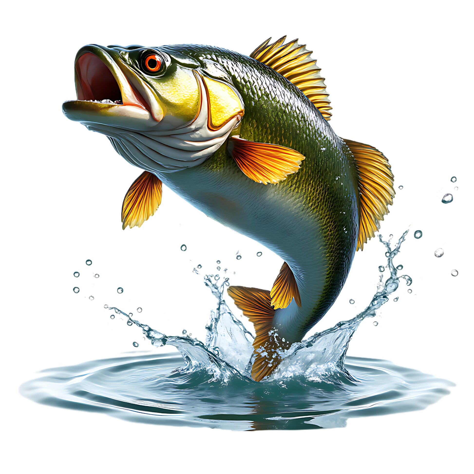 Bass Fish leaping out of water with a white background