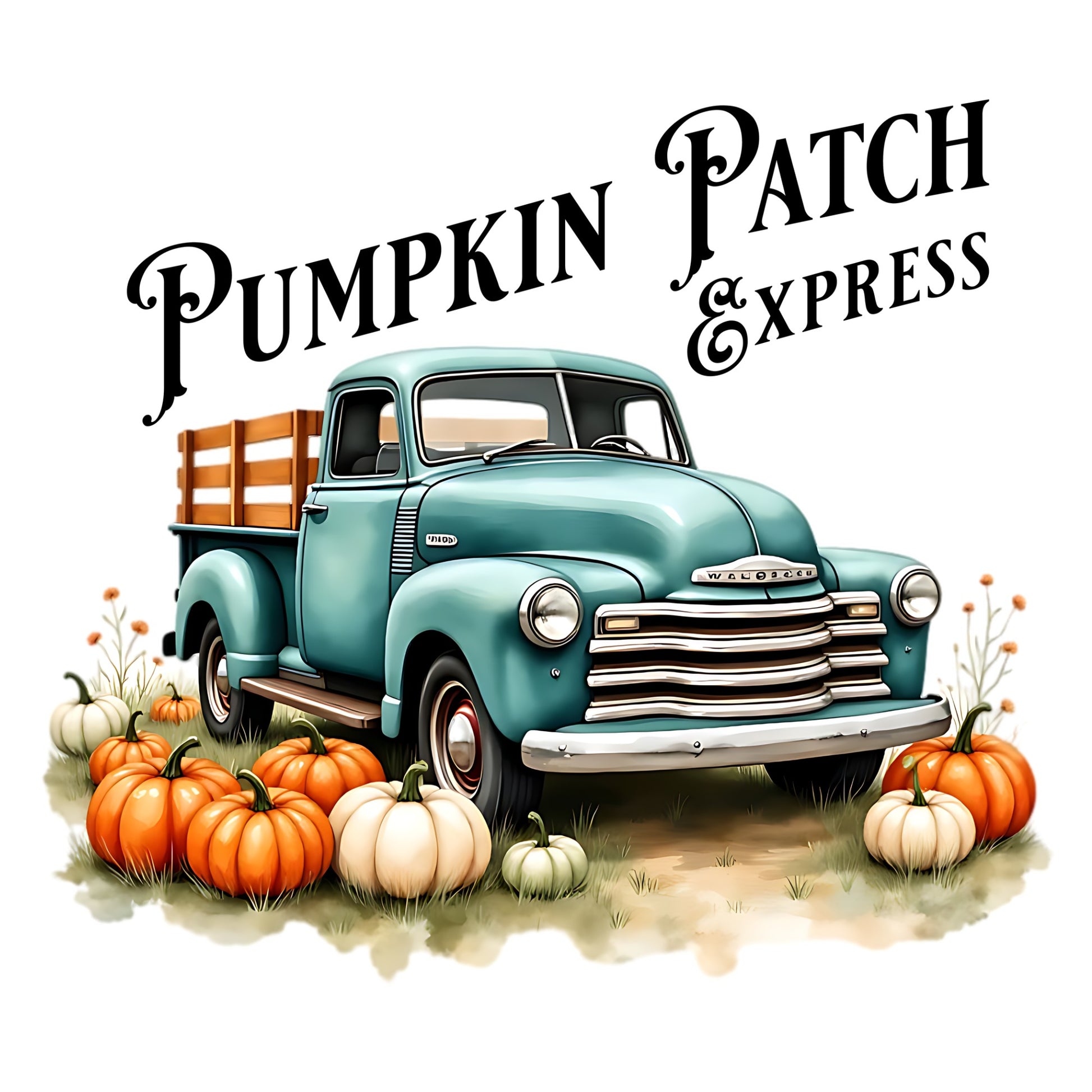 Vintage truck with 'Pumpkin Patch Express' text surrounded by pumpkins on a white background