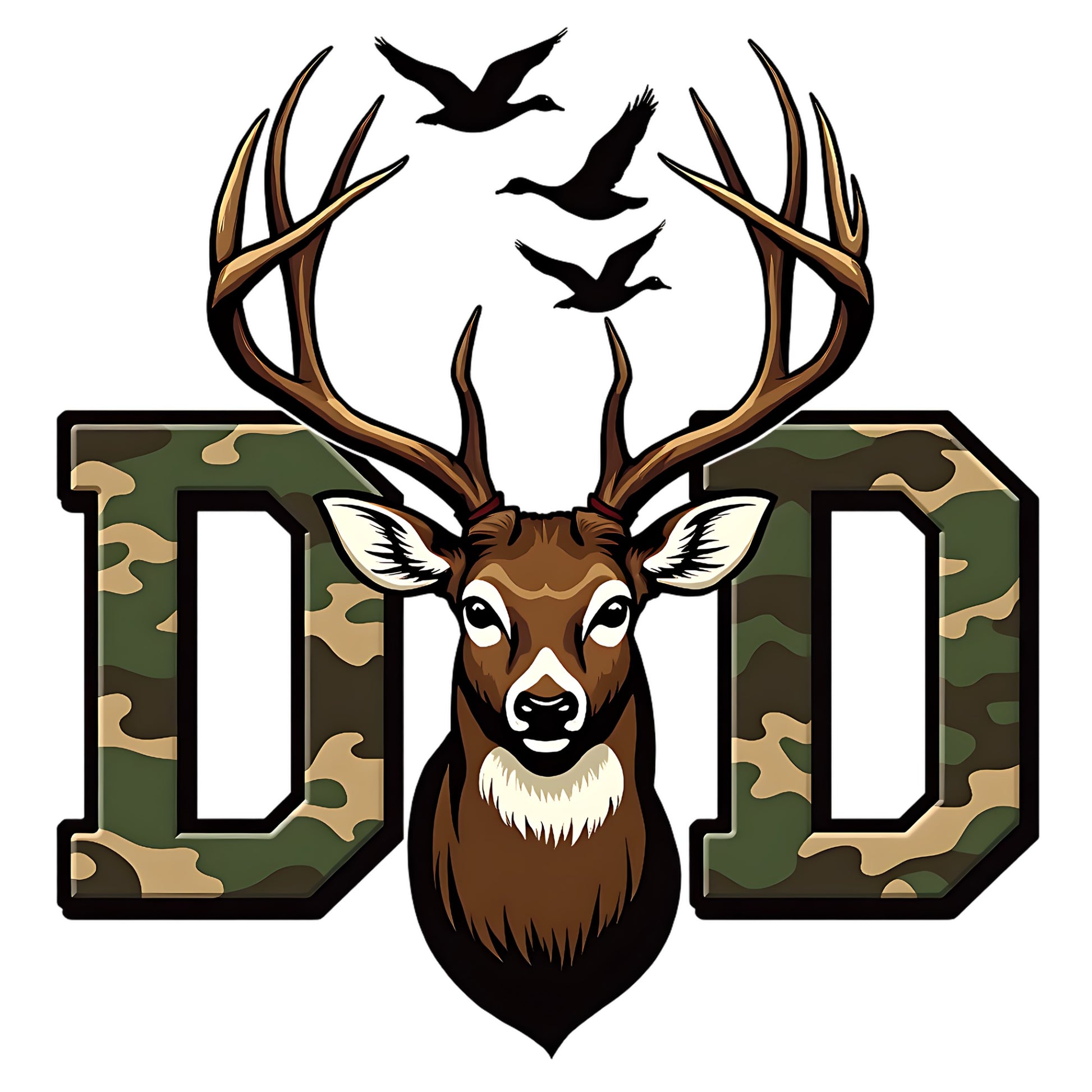 Deer head with antlers between two letters 'D' with a camouflage pattern on a white background