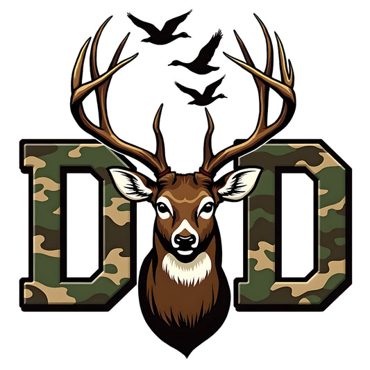 Deer head with antlers between two letters 'D' with a camouflage pattern on a white background