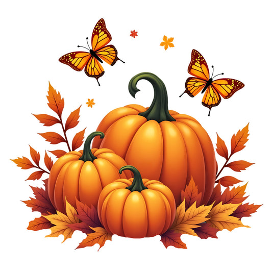 Three pumpkins with autumn leaves and butterflies on a white background