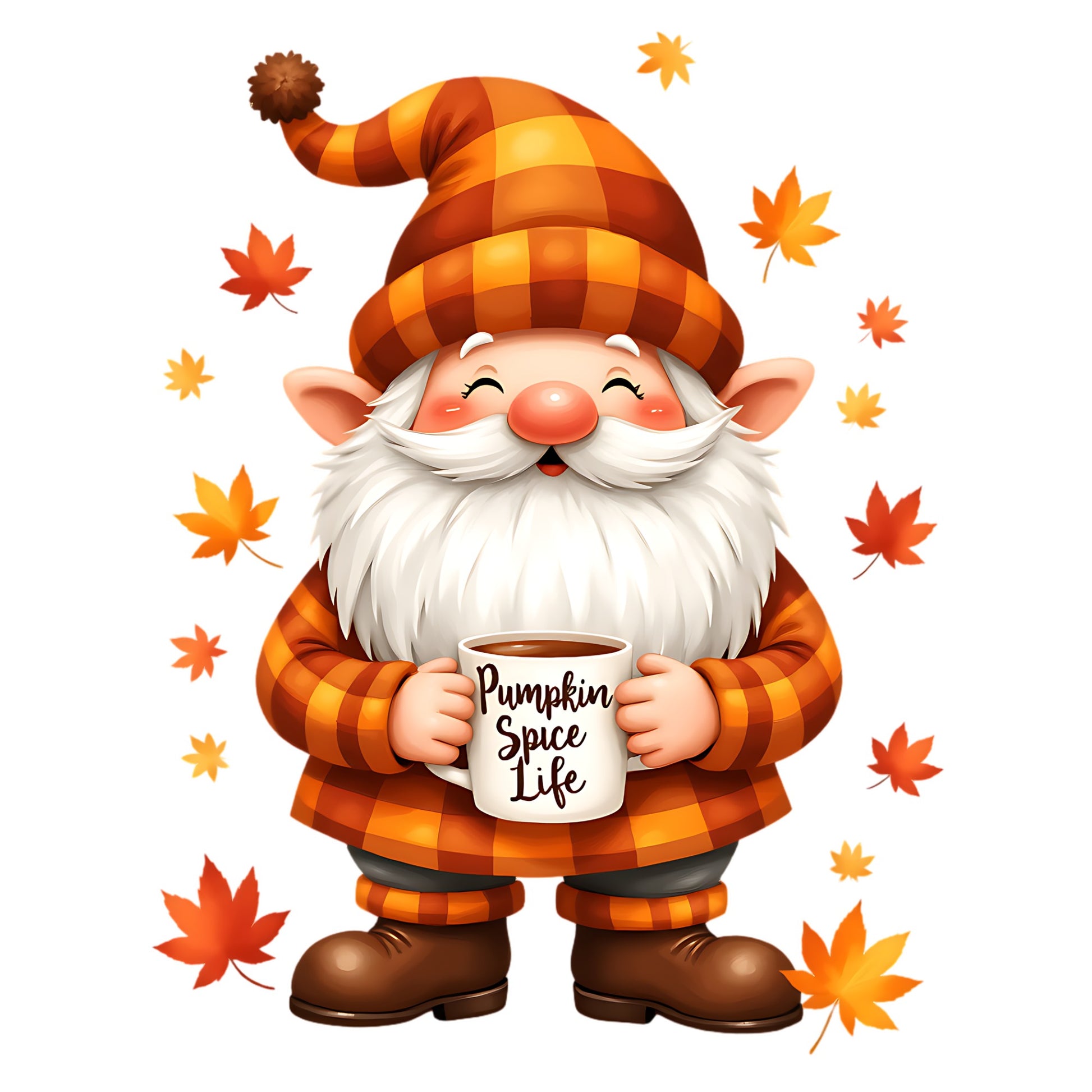 Gnome character with a pumpkin spice life mug surrounded by autumn leaves on a white background