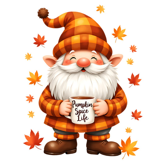 Gnome character with a pumpkin spice life mug surrounded by autumn leaves on a white background